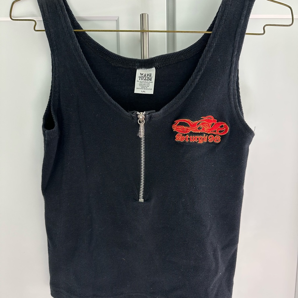 Surgis 98 Black Zip Up Crop Tank Top with Red Embroidery